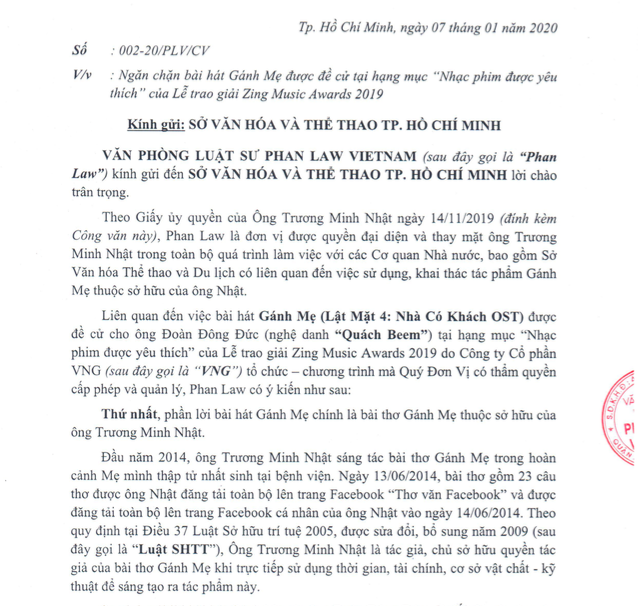 Vinh danh tác phẩm tranh chấp tác quyền: Vẽ đường cho ‘sai’ chạy Hình ảnh tờ đơn phía đại diện nhà thơ Trương Minh Nhật gửi Sở Văn hoá - Thể thao TP.HCM