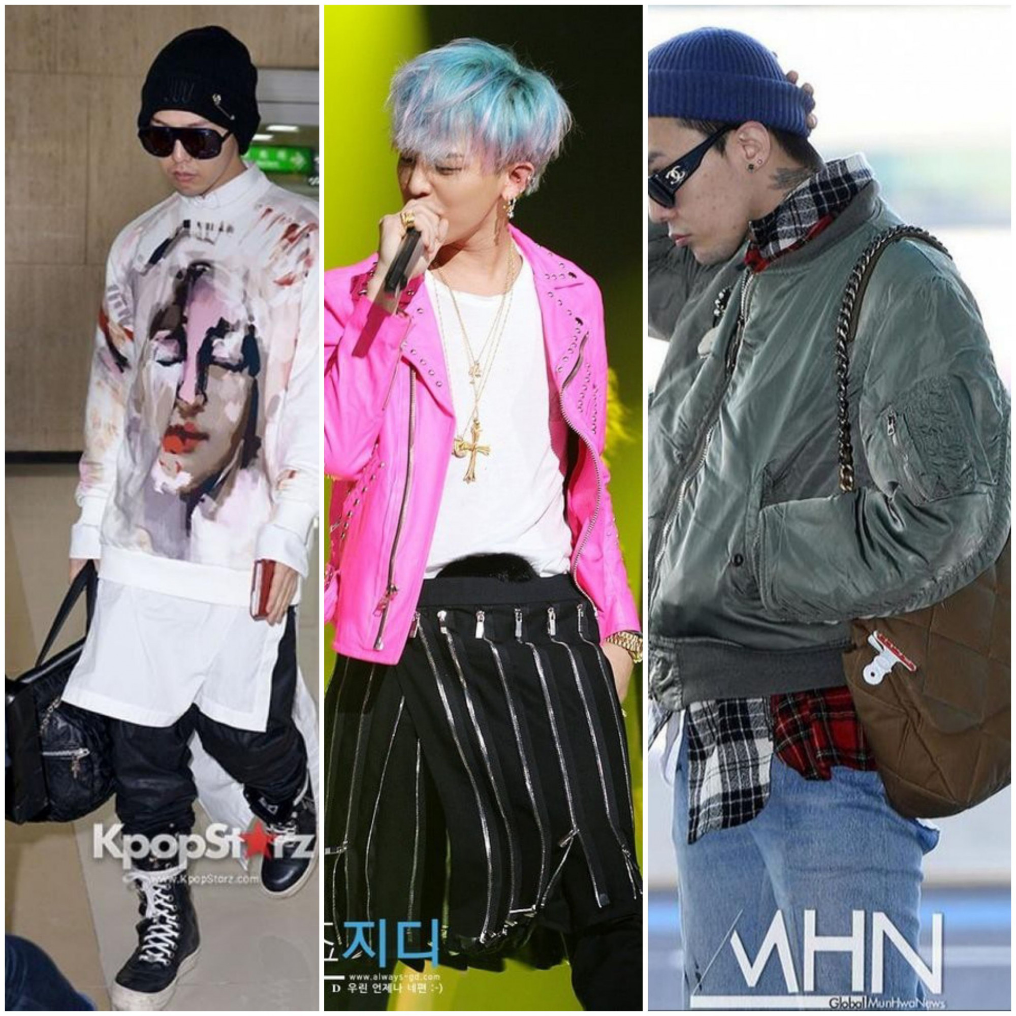 G-Dragon diện áo nữ cùng bạn gái tin đồn dự show thời trang Trưởng nhóm Bigbang nhiều lần diện túi xách và trang phục nữ trong các sự kiện.