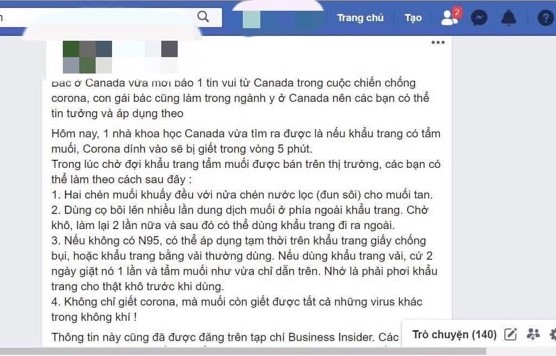 Thấm nước muối vào khẩu trang có ngăn chặn được virus corona? Trên mạng xã hội xuất hiện nhiều trang hướng dẫn cách làm khẩu trang muối