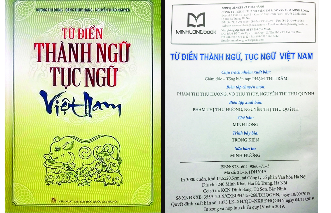 Hình trang bìa và xi-nhê cuốn Từ điển thành ngữ tục ngữ Việt Nam của nhóm tác giả Dương Thị Dung - Đặng Thúy Hằng -  Nguyễn Thảo Nguyên