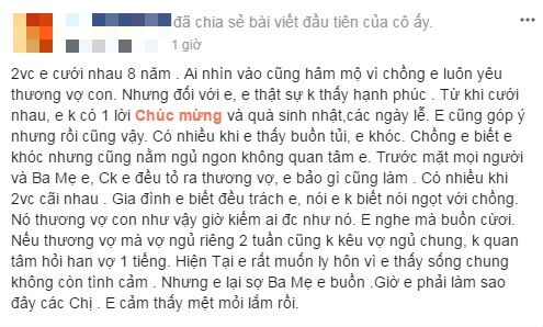 Vợ lên mạng than thở muốn bỏ chồng, không ngờ bị 'ném đá' tơi bời Vo len mang than tho muon bo chong, khong ngo bi 'nem da' toi boi