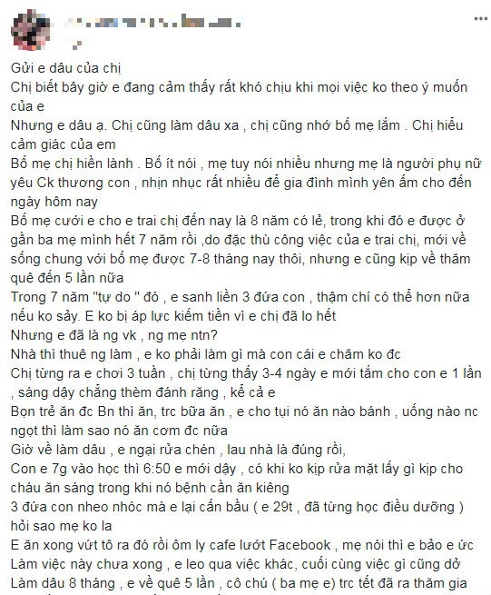Chị chồng lên mạng 'bóc phốt' em dâu lười biếng, ích kỷ Chi chong len mang 'boc phot' em dau luoi bieng, ich ky