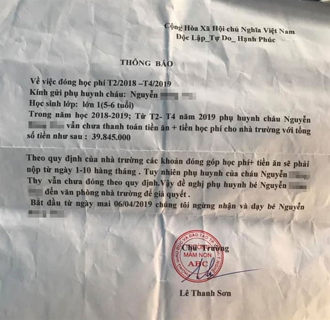 Trường thông báo ngừng dạy bé 5 tuổi vì 'nợ 14 tháng học phí' Truong thong bao ngung day be 5 tuoi vi 'no 14 thang hoc phi'