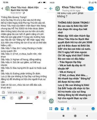 Vạch mặt trang Facebook giả danh Bệnh viện Bạch Mai lừa bệnh nhân mua trà thảo dược trị đau dạ dày Vach mat trang Facebook gia danh Benh vien Bach Mai lua benh nhan mua tra thao duoc tri dau da day