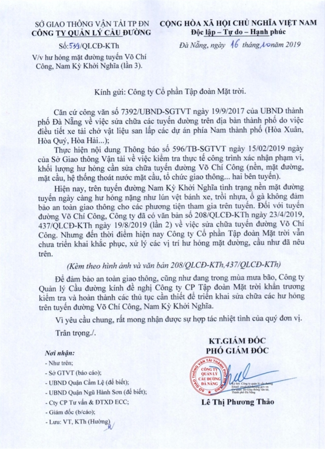 Đà Nẵng liên tục gửi đề nghị Sun Group sửa chữa các tuyến đường bị làm hỏng Da Nang lien tuc gui de nghi Sun Group sua chua cac tuyen duong bi lam hong