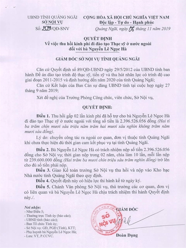 Con lãnh đạo du học xong không về làm việc: Quảng Ngãi thu hồi gần 10 tỷ đồng Con lanh dao du hoc xong khong ve lam viec: Quang Ngai thu hoi gan 10 ty dong